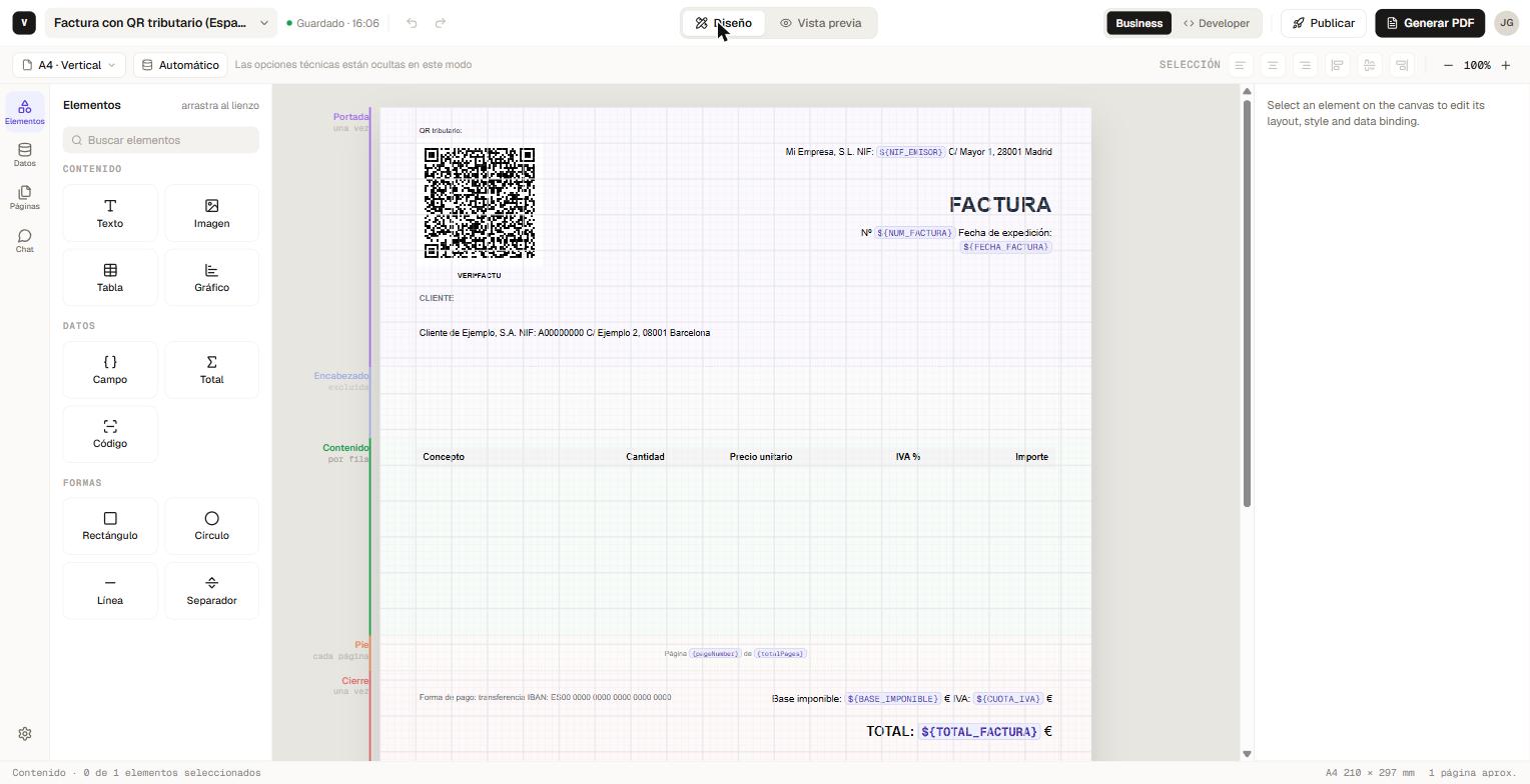 Vizion's editor showing a invoice template's bands: cover, header, content, footer, and closing